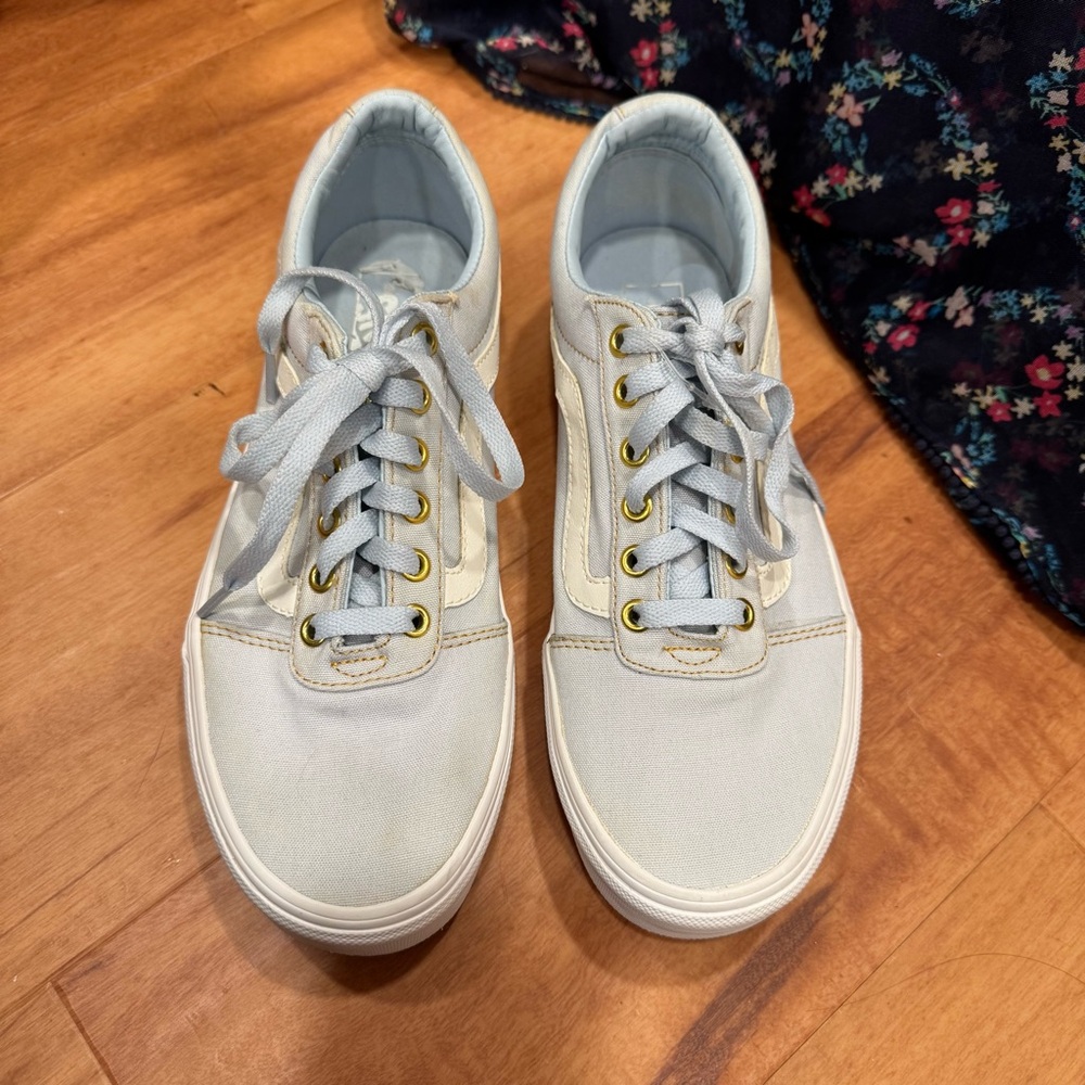 Vans Pale Blue with Gold Accents old school shoes Women’s 9